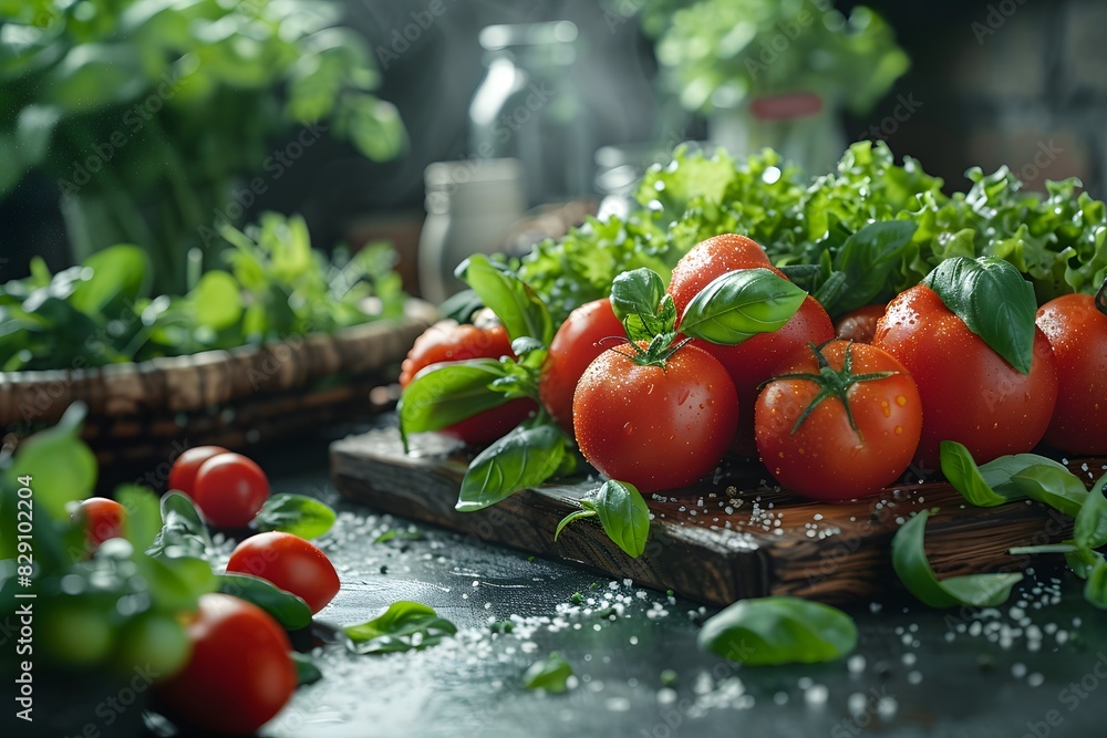 Tomatoes, lettuce, cutting board, basil leaves Tomatoes, lettuce, cutting board, basil leaves
