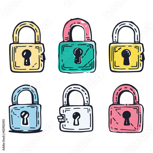 Six colorful handdrawn padlocks, security concept. Different hues, sketch style, keyholes visible. Cartoon padlocks, safety lock theme, vibrant colors