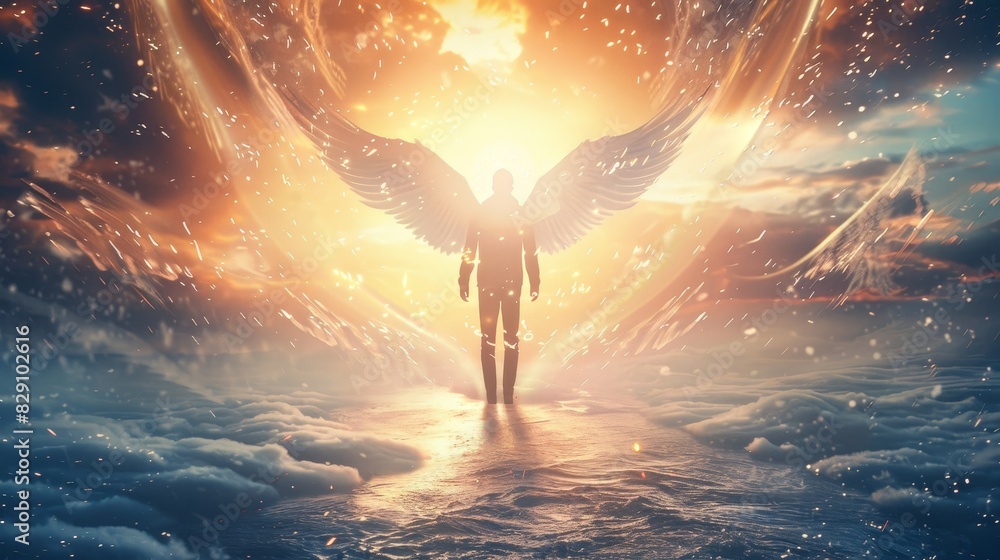 Angel with feathers wings in cloudy sky wallpaper background Angel with feathers wings in cloudy sky wallpaper background