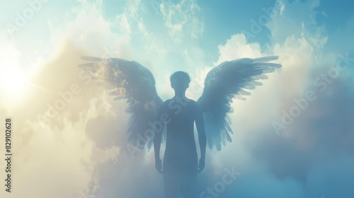 Angel with feathers wings in cloudy sky wallpaper background