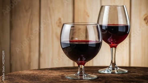 Close-up of a glass of red wine, rustic wood background, a glass of wine on the wooden table 
