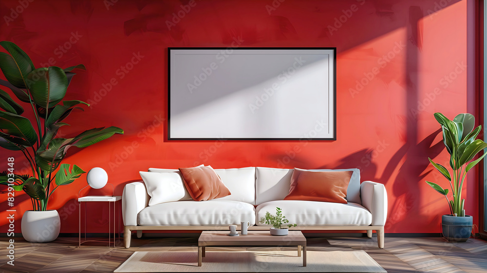 Modern Living room interior design, red wall, blank white empty photo frame mock up, background, copy space area