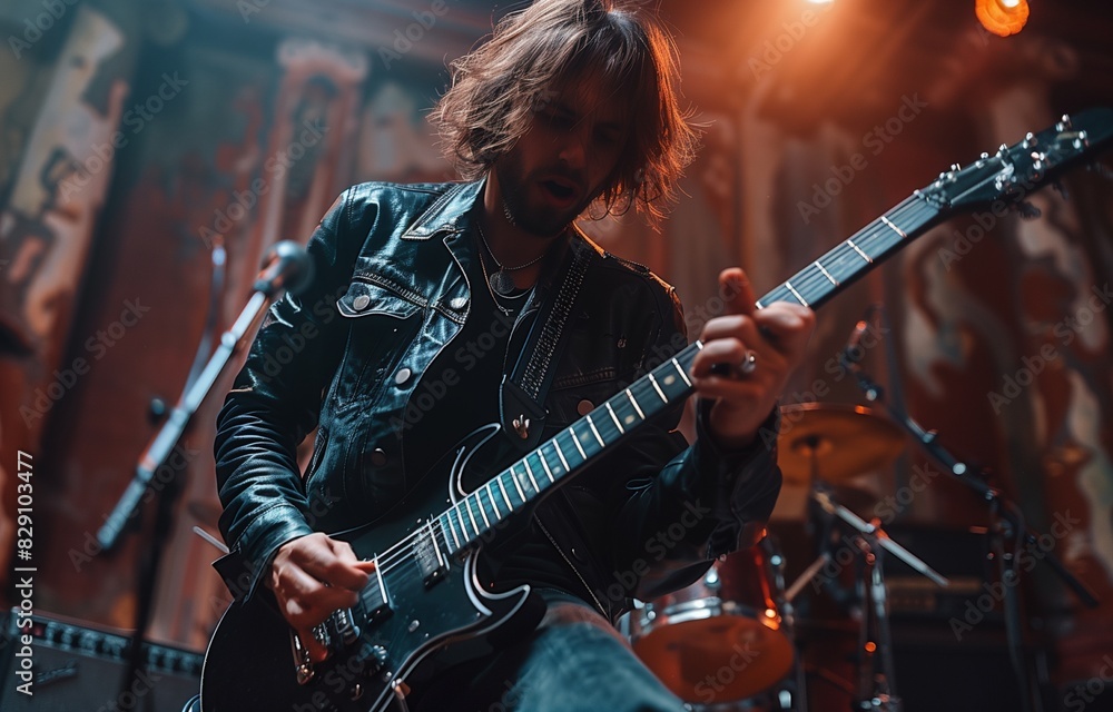 Naklejka premium European man skillfully plays an electric guitar, radiating confidence and musical talent