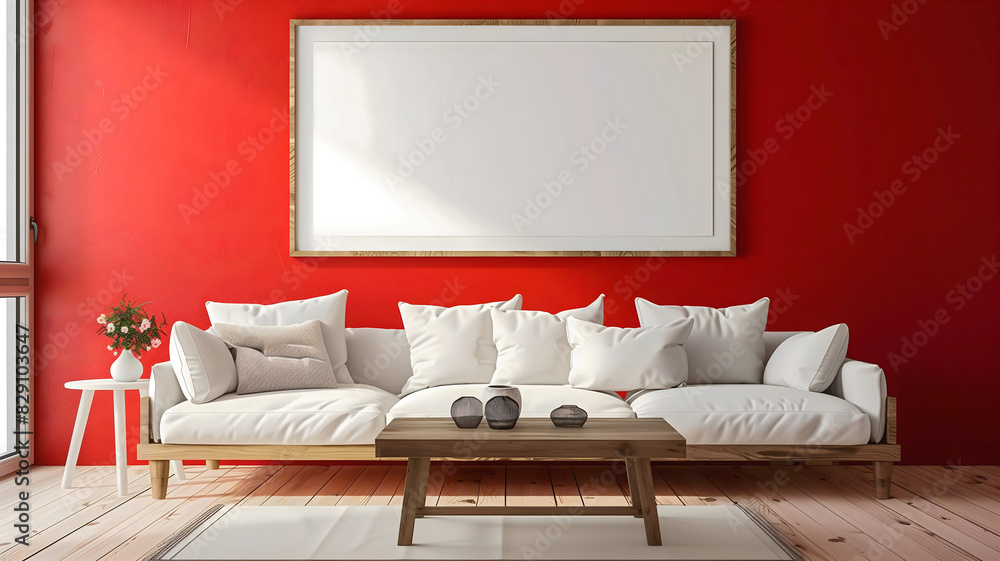 Modern Living room interior design, red wall, blank white empty photo frame mock up, background, copy space area