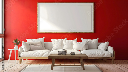 Modern Living room interior design, red wall, blank white empty photo frame mock up, background, copy space area