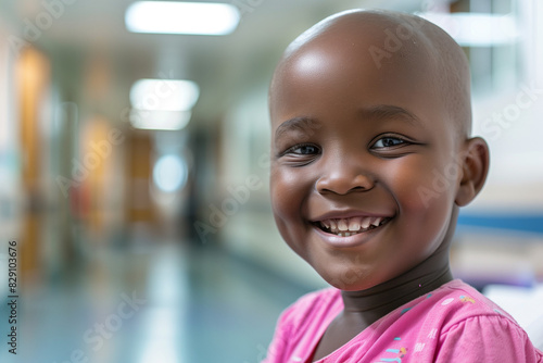 Cancer Survivors Day  bald black child laughing in a hospital corridor. Happy little african american girl in pink recovering from cancer treatment. Healthcare marketing concept  copy space