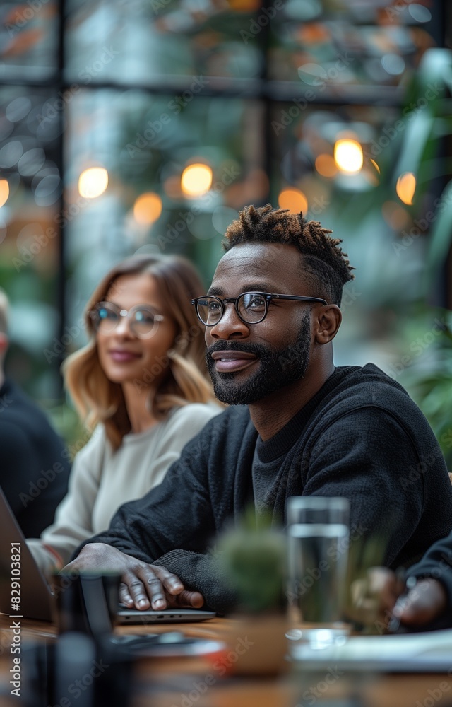 Multiethnic business team discussing at a modern office table, dressed casually, with a laptop on desk Multiethnic business team discussing at a modern office table, dressed casually, with a laptop on desk