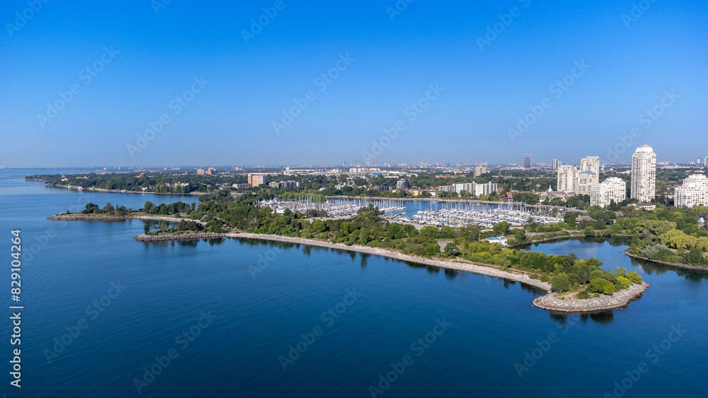 Fototapeta premium Humber Bay Park West in Toronto during the Summer - Drone - Mimico, Etobicoke, Ontario, Canada.
