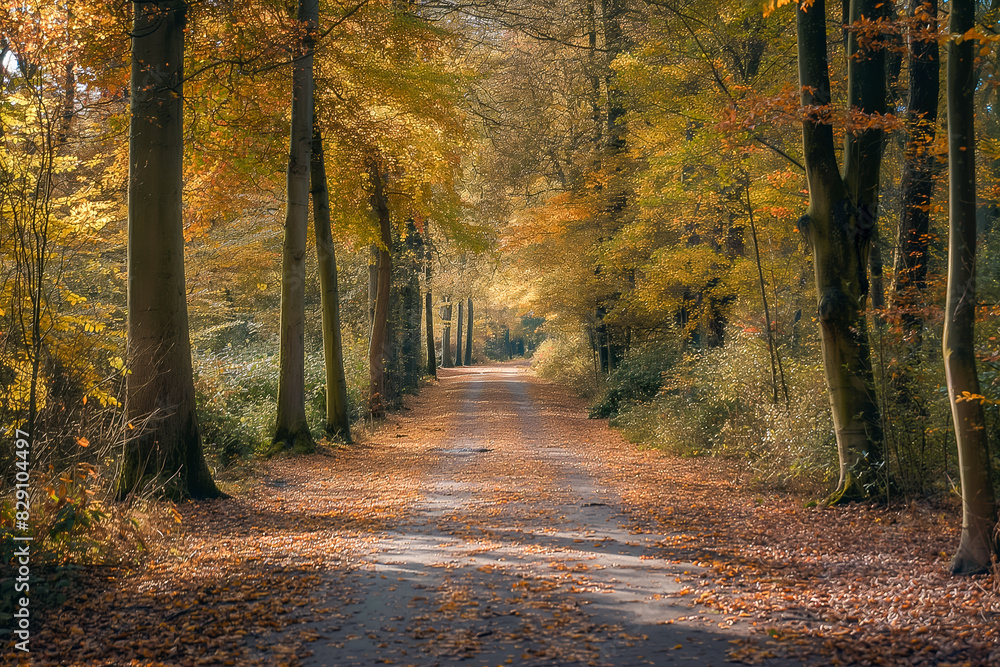 Fototapeta premium serene forest path in autumn, surrounded by tall trees under warm golden light. Ideal for peaceful walks and nature lovers seeking beautiful natural scenery