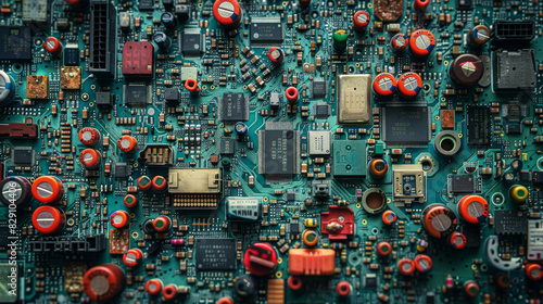 A vibrant, detailed electronic circuit board featuring red capacitors and green background. photo