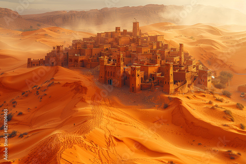 A forsaken village swallowed by encroaching sand dunes, its buildings buried beneath layers of shifting desert sands. Concept of desertification. Generative Ai. photo