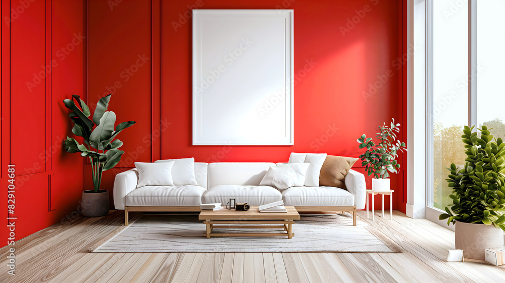 Modern Living room interior design, red wall, blank white empty photo frame mock up, background, copy space area