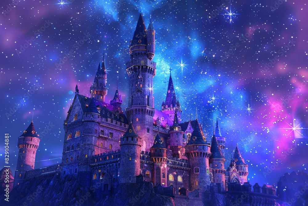 3d illustration of fairy tale castle and the glittering sky 3d illustration of fairy tale castle and the glittering sky