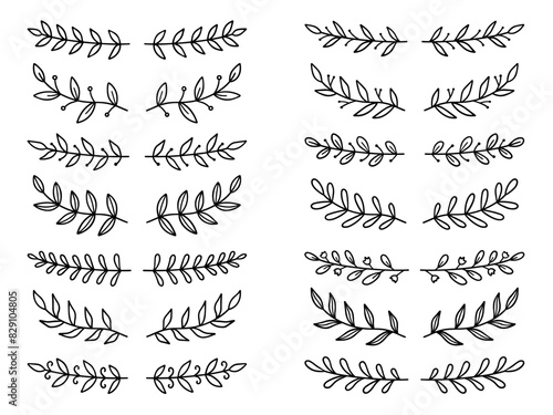 Laurel text dividers doodle set. Wedding decorative elements with leaves. Branches, divider ornament, borders, lines. Hand drawn vector illustration isolated on white background