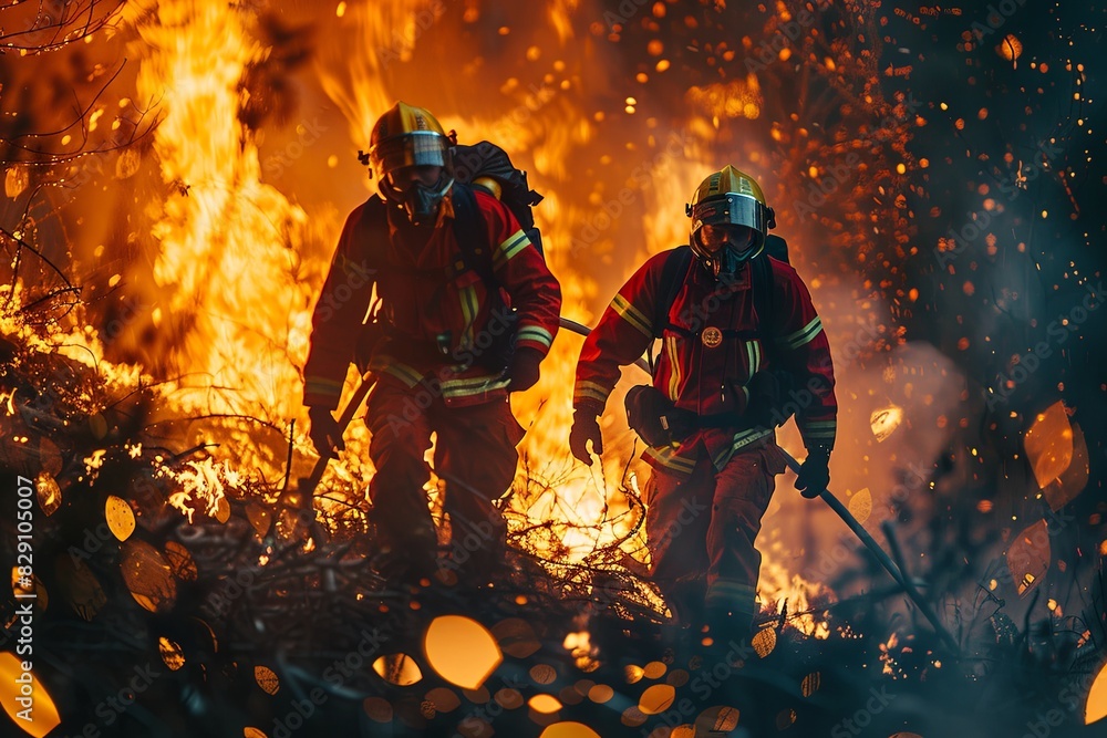 Firefighters battling intense wildfire in protective gear Firefighters battling intense wildfire in protective gear