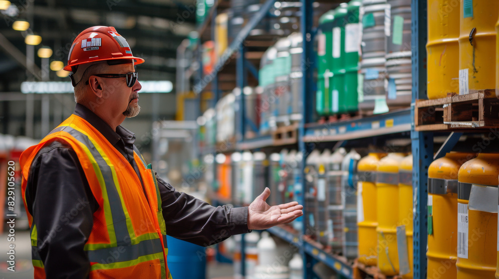 Middle-aged warehouse manager in safety vest supervising operations in a large industrial warehouse. Middle-aged warehouse manager in safety vest supervising operations in a large industrial warehouse.