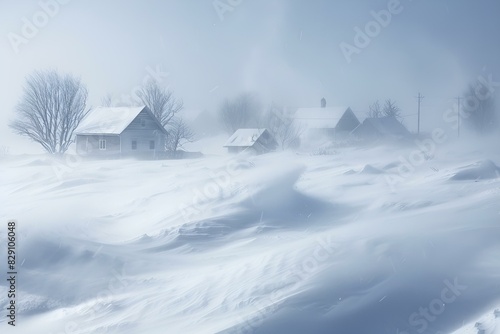 Zasypana śniegiem wioska podczas zamieci photo