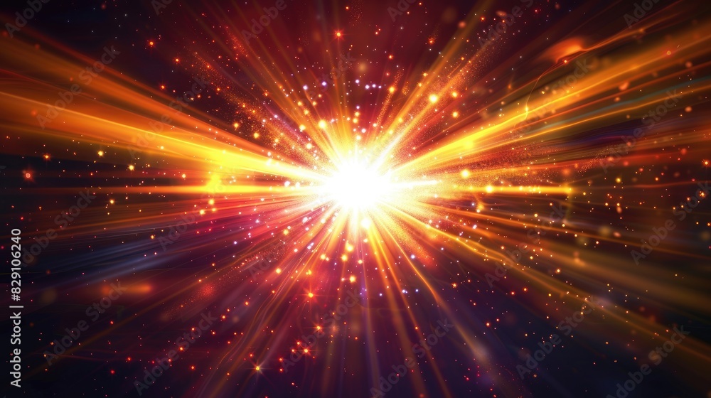 The dynamic burst of light Bright light explosion with gleaming beams and starry lens effect