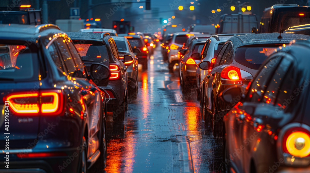 Vibrant evening traffic scene with cars illuminated under the rain-soaked street.