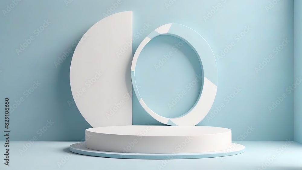 Minimal scene with podium and abstract background. Pastel blue and white colors scene. Trendy 3d render for social media banners, promotion, cosmetic product show. Geometric shapes interior. Minimal scene with podium and abstract background. Pastel blue and white colors scene. Trendy 3d render for social media banners, promotion, cosmetic product show. Geometric shapes interior.