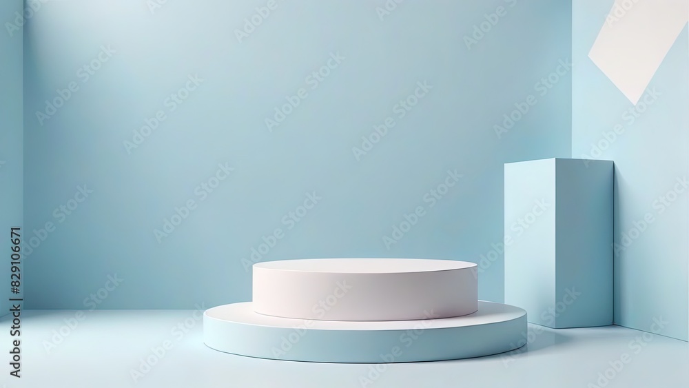 Minimal scene with podium and abstract background. Pastel blue and white colors scene. Trendy 3d render for social media banners, promotion, cosmetic product show. Geometric shapes interior. Minimal scene with podium and abstract background. Pastel blue and white colors scene. Trendy 3d render for social media banners, promotion, cosmetic product show. Geometric shapes interior.