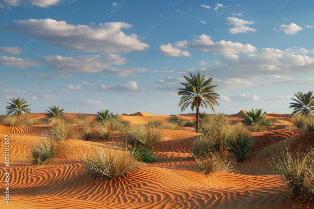 Golden desert islamic mosque date palm tree and camel arabian landscape background Golden desert islamic mosque date palm tree and camel arabian landscape background