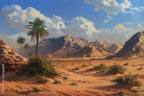 Golden desert islamic mosque date palm tree and camel arabian landscape background