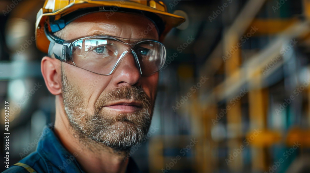 A senior male engineer with protective goggles and a yellow hard hat examines machinery in an industrial setting. A senior male engineer with protective goggles and a yellow hard hat examines machinery in an industrial setting.
