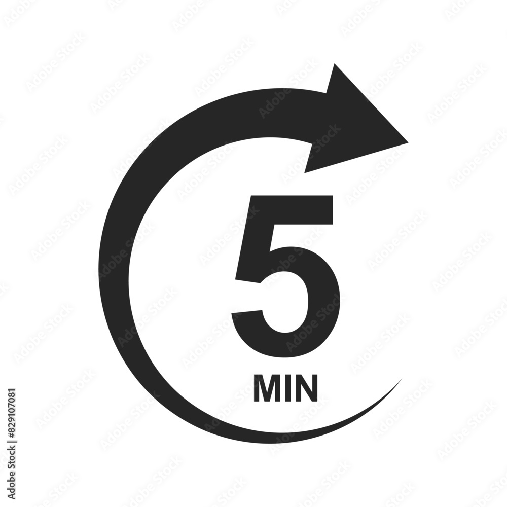 Five minutes icon with circle arrow. Stopwatch symbol. 5 min countdawn sign. Sport or cooking timer isolated on white background. Delivery, deadline, duration pictogram. Vector graphic illustration. Five minutes icon with circle arrow. Stopwatch symbol. 5 min countdawn sign. Sport or cooking timer isolated on white background. Delivery, deadline, duration pictogram. Vector graphic illustration.