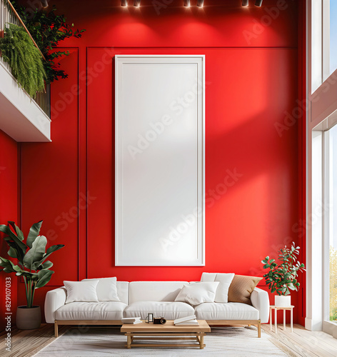Modern Living room interior design, red wall, blank white empty photo frame mock up, background, copy space area