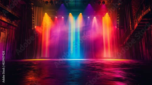 Vibrant LGBTQA  Performance Venue  Colorful Stage with Rainbow Flag Backdrop in Photorealism