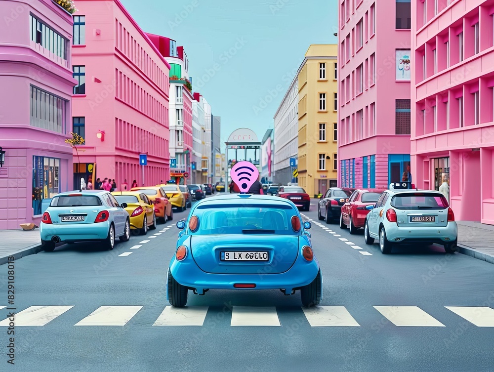 Obraz premium A comparison scene showing traditional cars vs autonomous vehicles in a simulated urban traffic environment