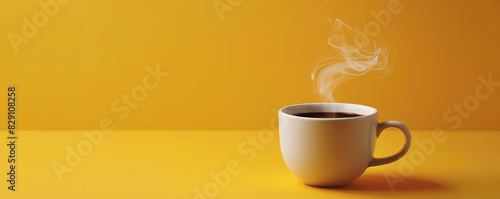 Steaming cup of coffee on a yellow background