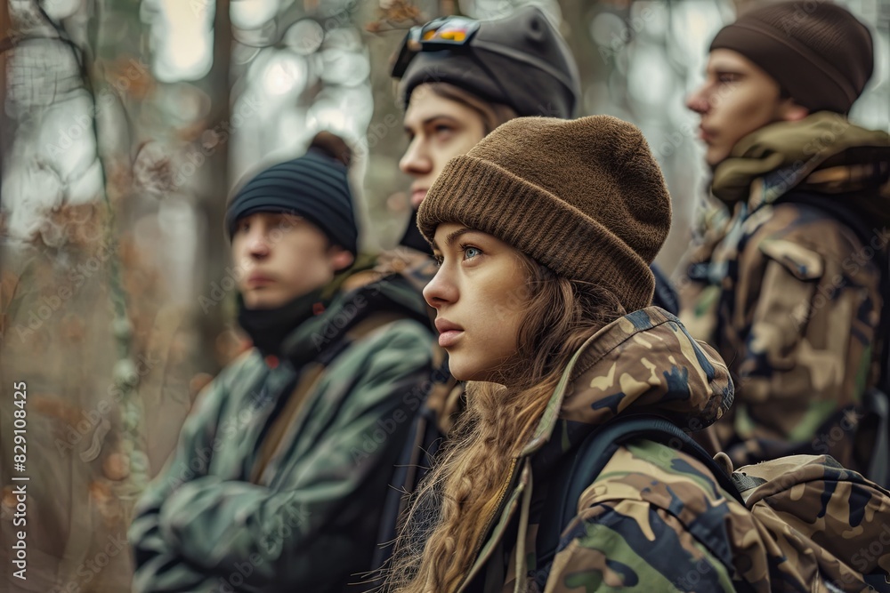 Fototapeta premium Group of Young Adults in Camouflage Gear in Forest