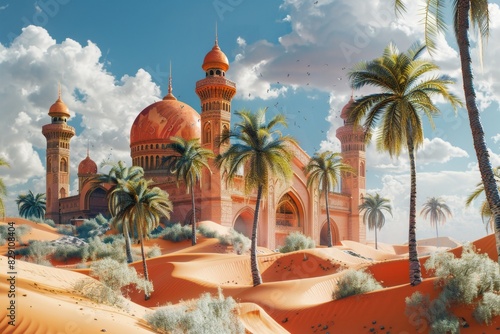 Golden desert islamic mosque date palm tree and camel arabian landscape background