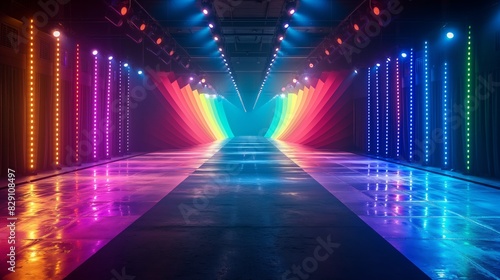 Vibrant Pride  Hyperrealistic LGBTQA  Fashion Show Runway with Rainbow Lights and Flags