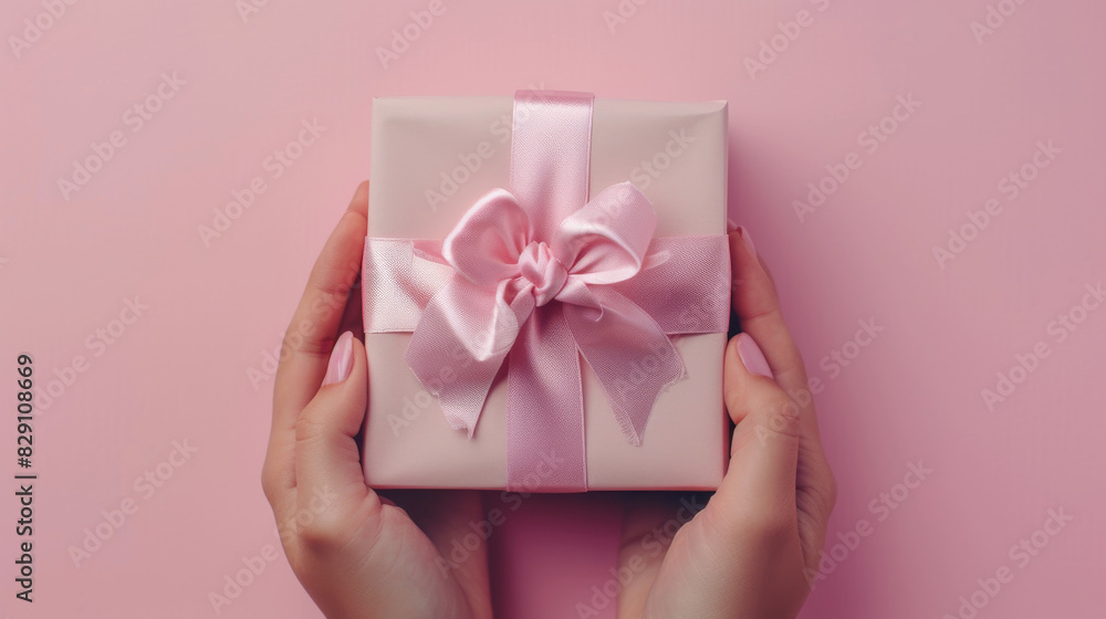 Hands holding a gift box with pink ribbon on pink background Hands holding a gift box with pink ribbon on pink background