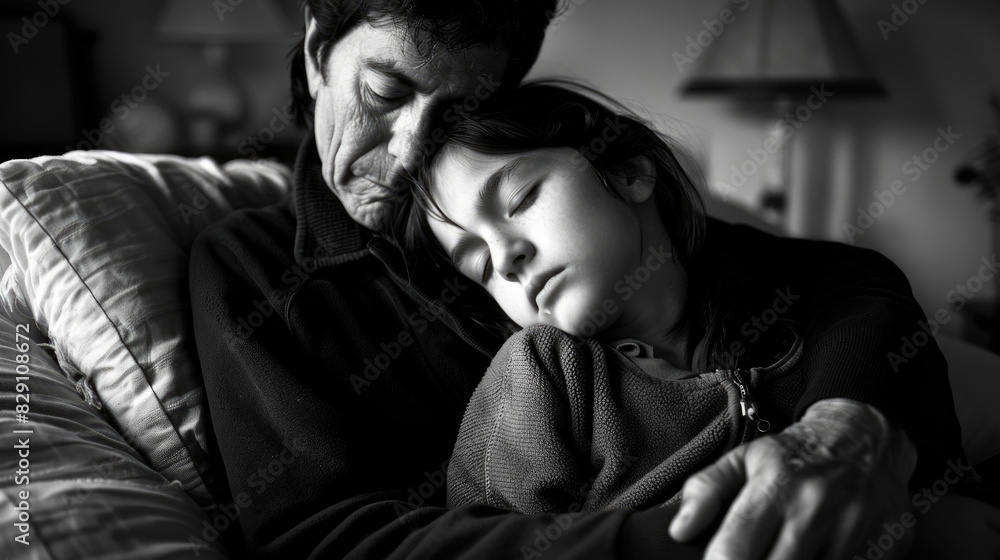 A man and a little girl peacefully sleeping on a couch in a cozy home setting A man and a little girl peacefully sleeping on a couch in a cozy home setting