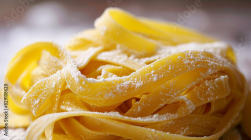 Fresh uncooked fettuccine pasta dusted with flour