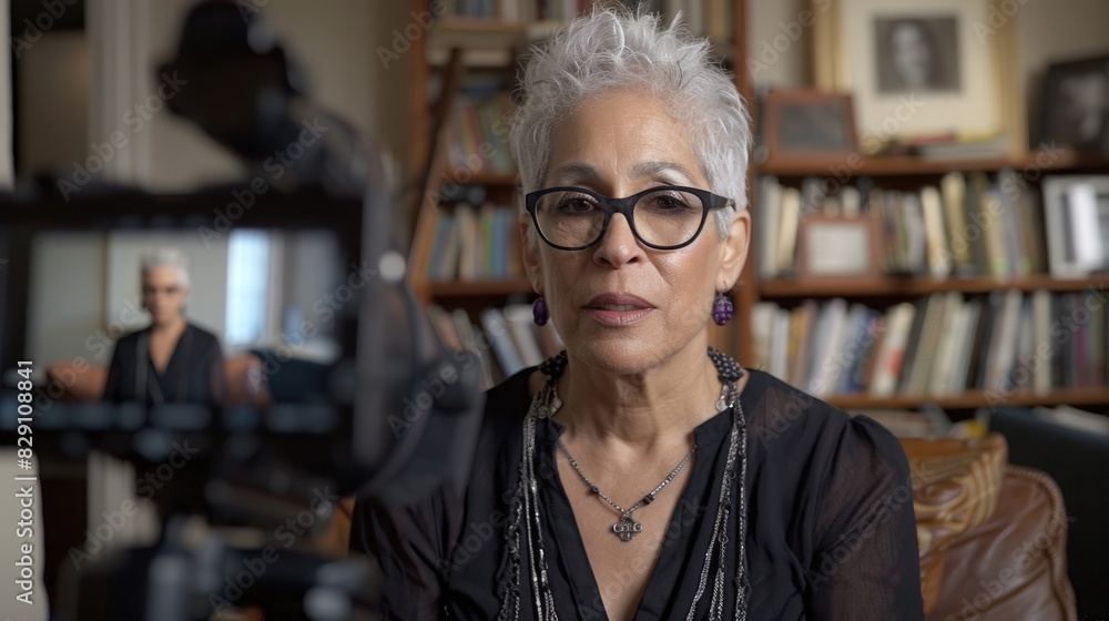 A gray-haired woman with glasses speaks into a camera, sharing her life story in a cozy, book-filled living room A gray-haired woman with glasses speaks into a camera, sharing her life story in a cozy, book-filled living room