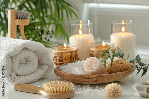 Calming home spa decor with rolled towels and eucalyptus branches