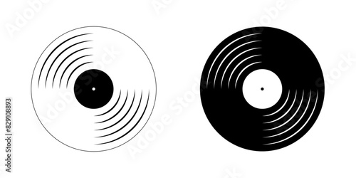 Black and white vinyl record plates icons. Turntable LP or long play music discs. DJ equipment for techno party. 70s 80s 90s discotheque nostalgia concept. Vector graphic illustration.