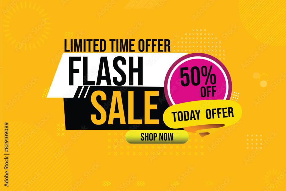 Flash Sale 50% Off, Limited time offer. Modern banner design, geometrical shapes background. Flash Sale 50% Off, Limited time offer. Modern banner design, geometrical shapes background.
