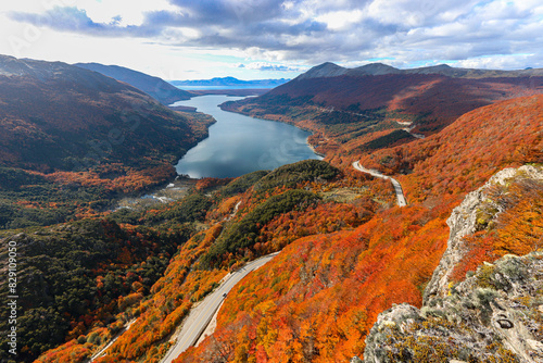 Aerial view of Escondido Lake in Autumn season, Tierra del Fuego Patatonia