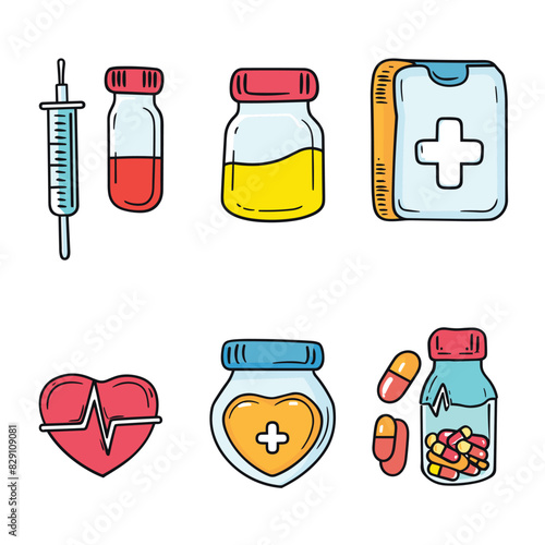 Colorful medical icons including syringe, vaccine vials, pill bottle, heart pulse, medicated lozenges, first aid kit. Cartoon style healthcare medicine objects isolated white background. Medical