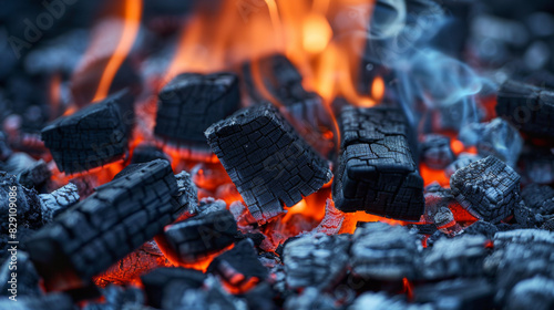 Close-up of glowing charcoal briquettes with intense heat and blue flames, perfect for grilling. photo