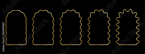 Set of gold arch frames with wiggly edges. Golden archway shapes with scallop borders. Wavy mirrors, portals or doors, empty text boxes or banners isolated on dark background. Vector illustration.