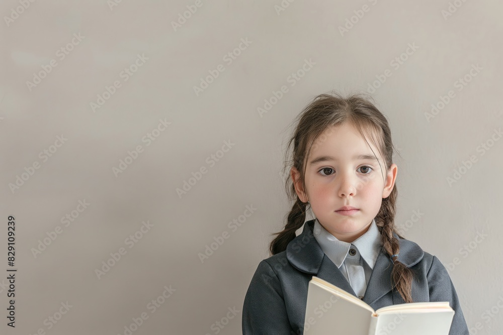 Little girl reading a book in school uniform, focused and attentive to the contents, serene atmosphere Little girl reading a book in school uniform, focused and attentive to the contents, serene atmosphere