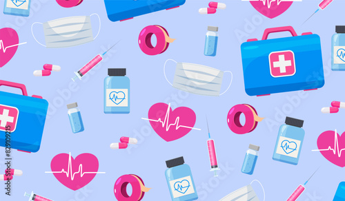 Vector background with medical elements includes medical mask, syrringe, first aid kit, pills etc.
