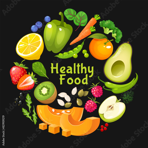 Collection of fresh fruits, vegetables and berries in round frame with lettering isolated on dark background.
